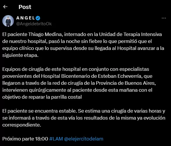 ngel de Brito dio a conocer el ltimo parte mdico de Thiago Medina