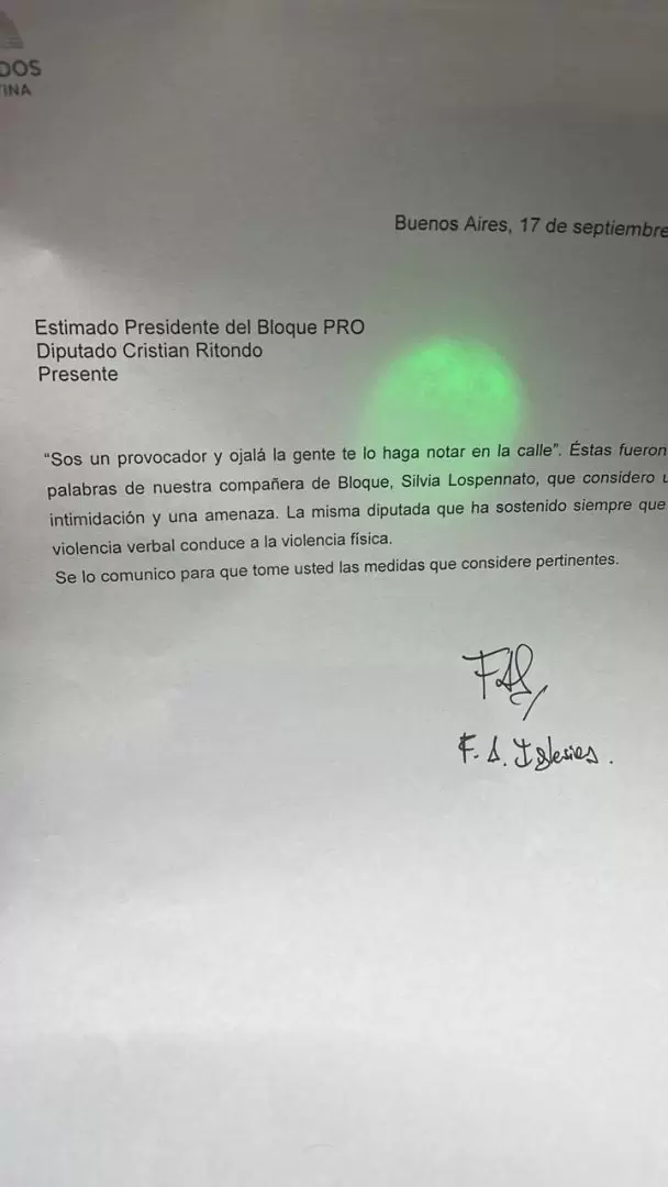 La carta sobre la "intimidacin" de Lospennato