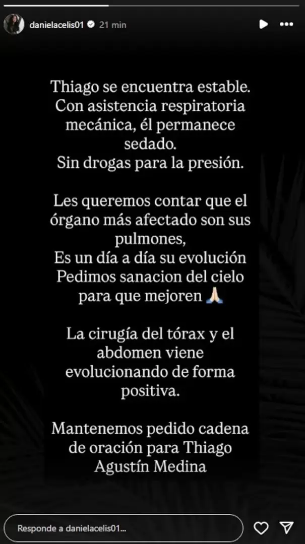 Daniela Celis inform sobre la evolucin de la salud de Thiago Agustn Medina tras su operacin del ltimo viernes.