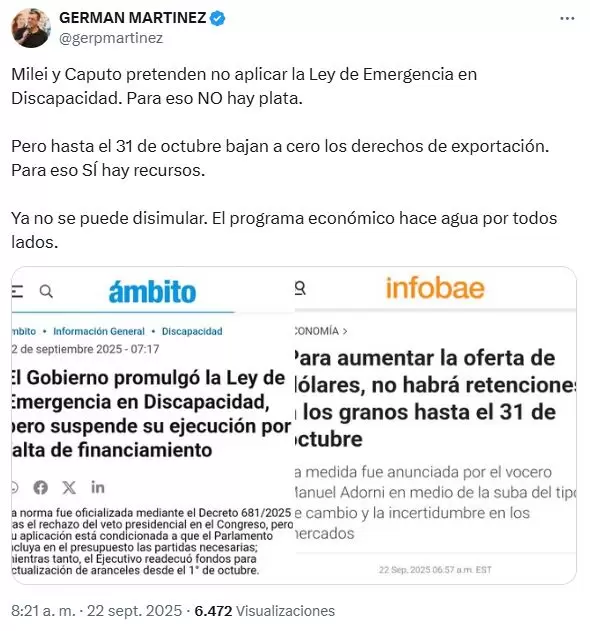 El posteo de Germn Martnez, jefe del bloque de Unin por la Patria.