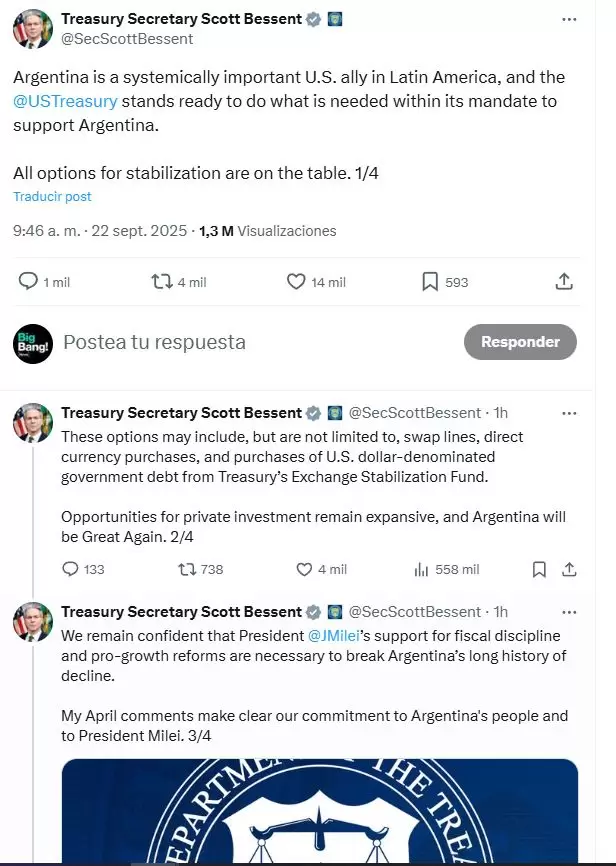 El secretario del Tesoro de EE.UU. apoya a la Argentina