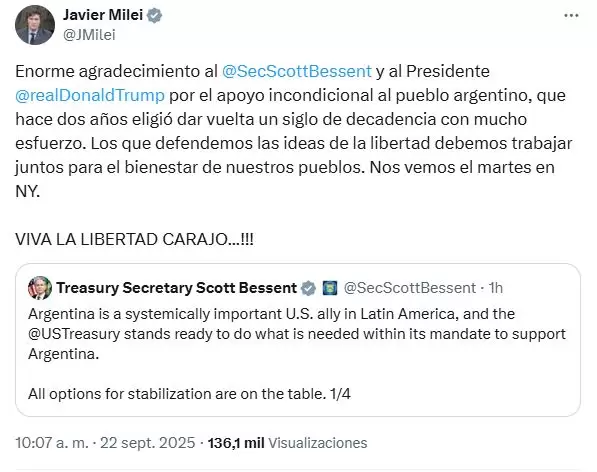 Milei le agradeci a Bessent y Trump por el "apoyo"