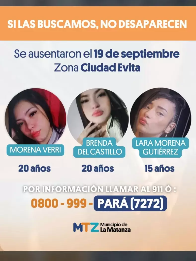 El Municipio de La Matanza emiti una flyer para colaborar en la bsqueda de Morena Verri, Brenda del Castillo y Lara Morena Gutirrez.