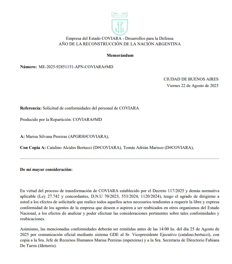 El memorndum al que BigBang tuvo acceso que instaba a los trabajadores a cambiarse de Ministerio