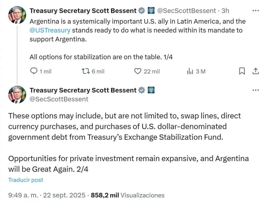 El secretario del Tesoro de Estados Unidos, Scott Bessent, y su publicacin en apoyo de Argentina.