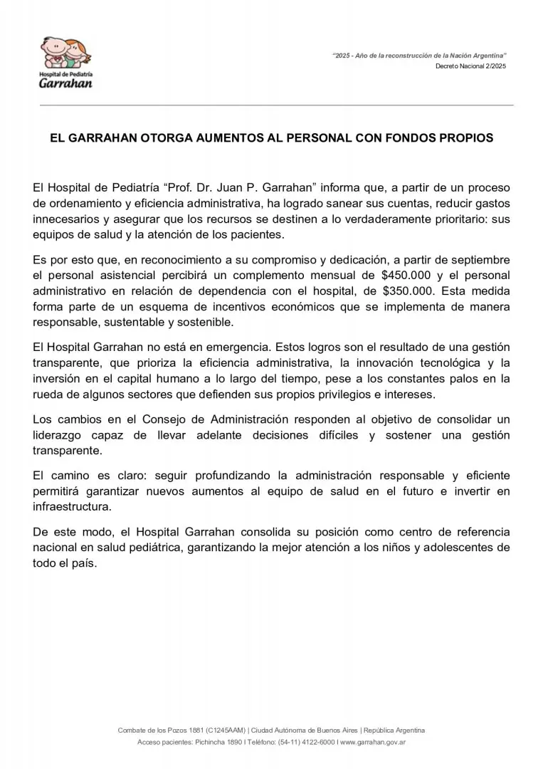 El comunicado del Hospital Garrahan