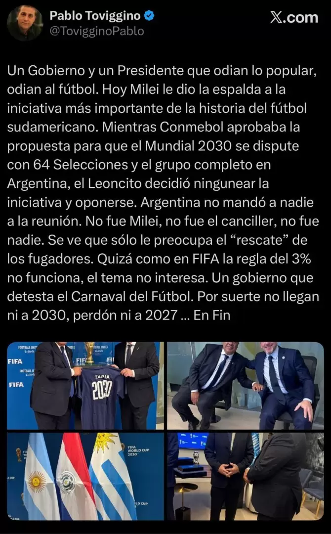 El duro posteo de Toviggino con Milei