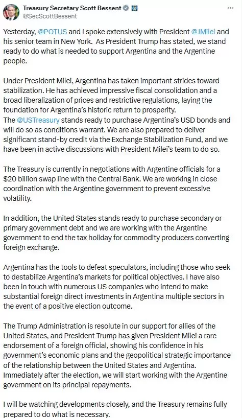 Bessent anunci que el Tesoro comprara deuda argentina