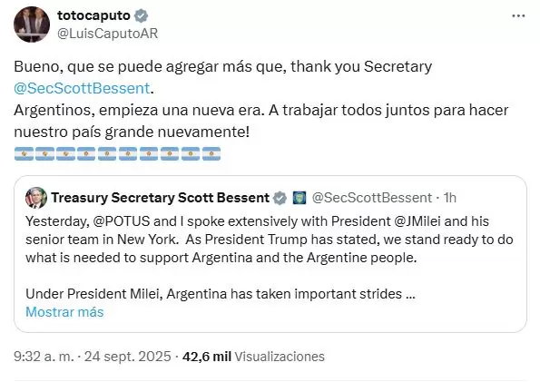 El agradecimiento de Caputo al tesoro de Estados Unidos