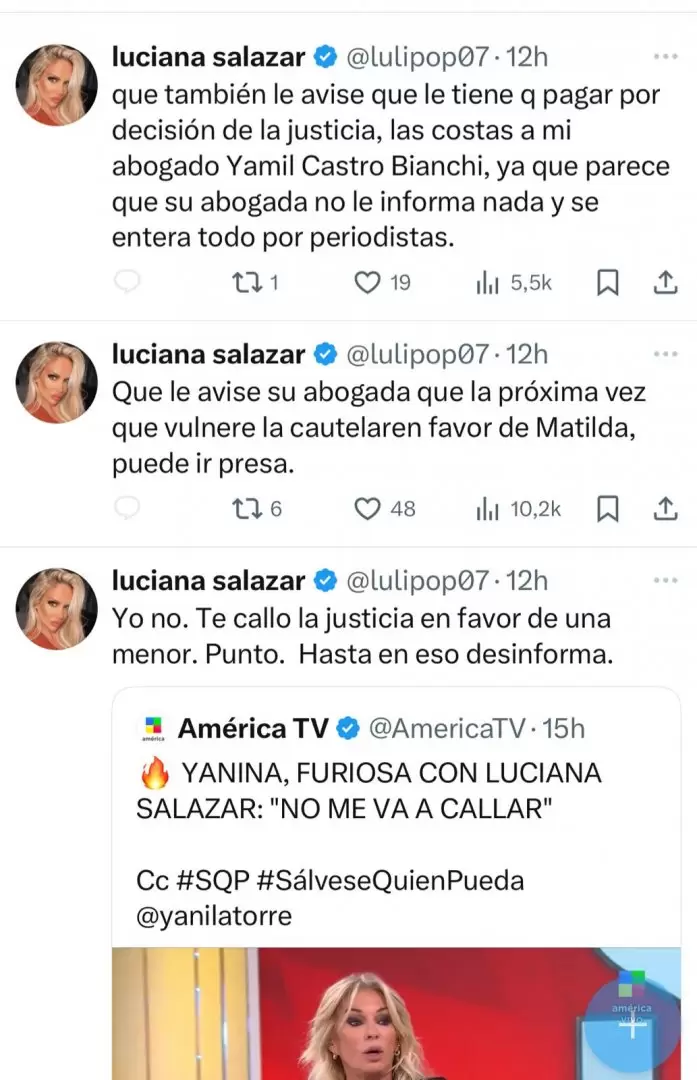 Los tweets de Luciana Salazar contra Yanina Latorre