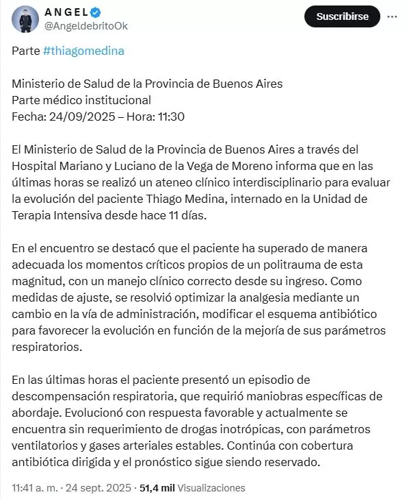 El ltimo parte mdico de Thiago Medina