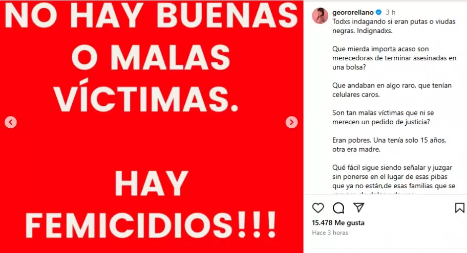 A travs de un posteo en Instagram, Georgina Orellano se refiri al triple femicidio de La Mataza