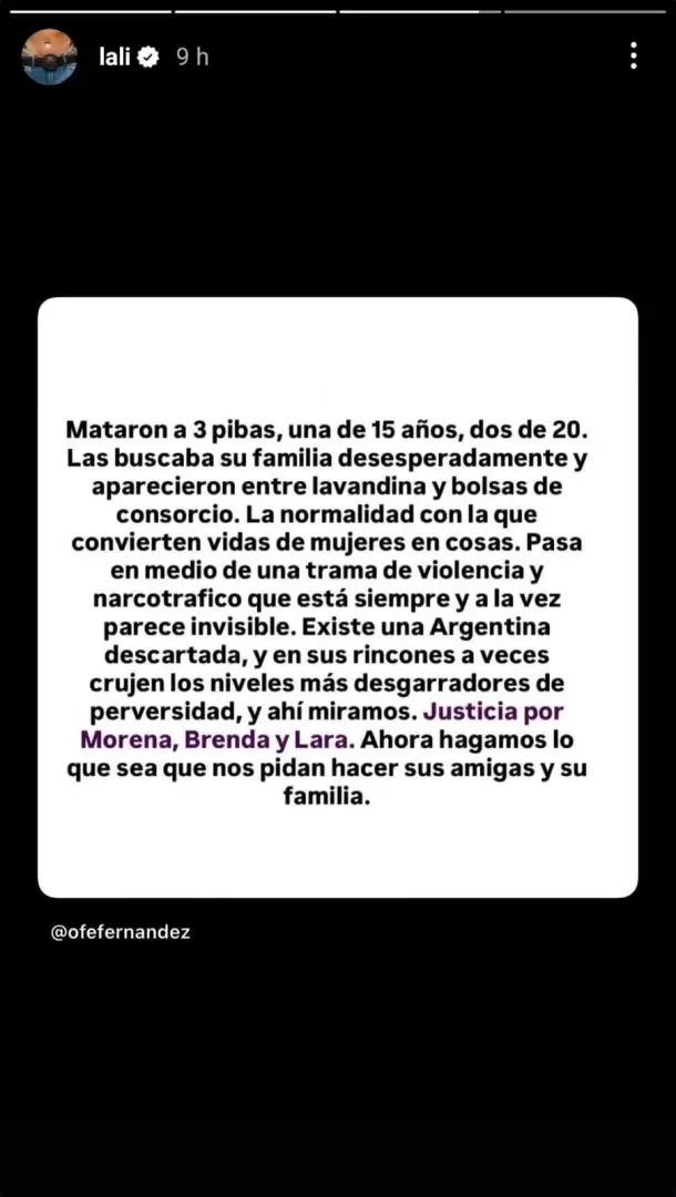 Lali replicó el posteo de Ofelia en su cuenta de Instagram