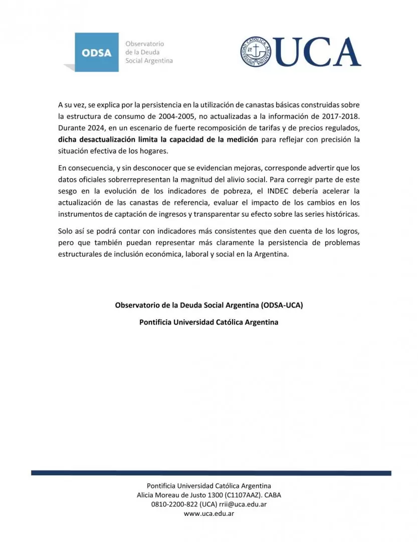 La UCA advirtió que el dato de pobreza difundido por el Indec está "sobrerrepresentado"