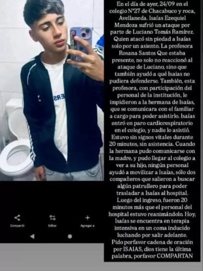 El desesperado pedido de la madre de Isaas Ezequiel Mendoza, el adolescente de 15 aos que qued en coma tras una paliza de un compaero de colegio.