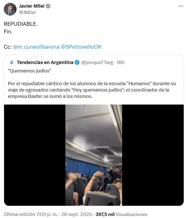 Javier Milei cuestion los cnticos antisemitas de los egresados de la Escuela Humanos.