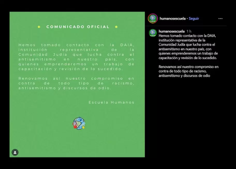 La Escuela Humanos repudi los cnticos antisemitas de sus egresados.