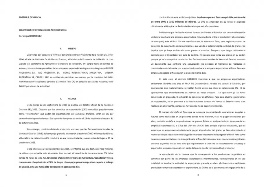 Parte de la denuncia que hicieron contra Milei, Francos, Caputo y las agroexportadoras por las retenciones cero exprs.