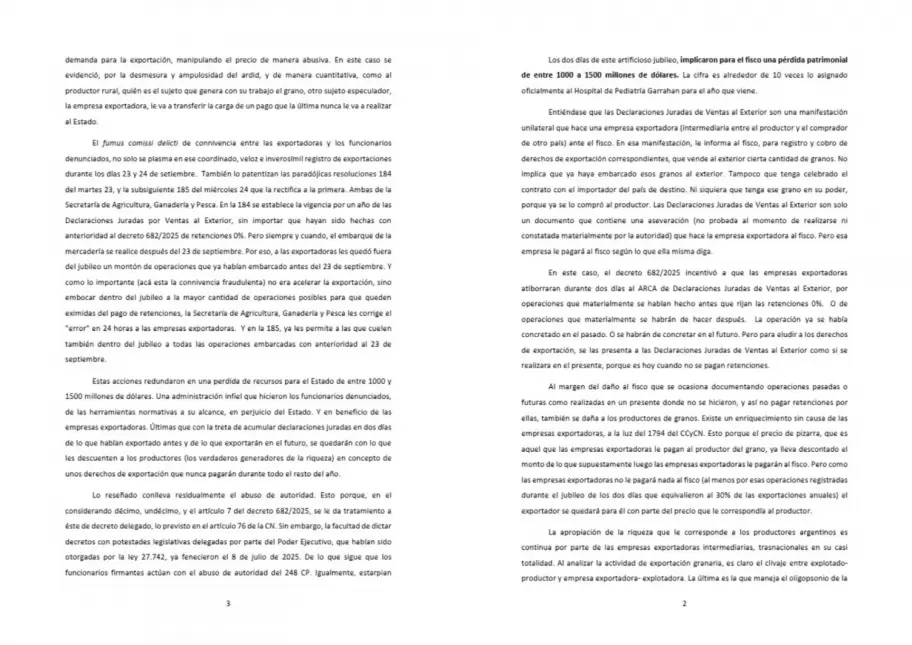 Parte de la denuncia que hicieron contra Milei, Francos, Caputo y las agroexportadoras por las retenciones cero exprs.
