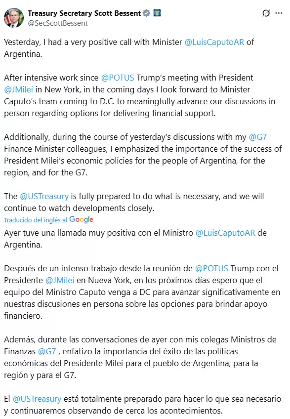 Bessent confirm que se trabaja en un swap con Argentina