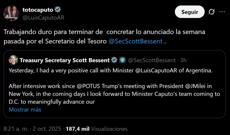 El tuit de Luis "Toto" Caputo en el que celebr el prstamos que no fue.