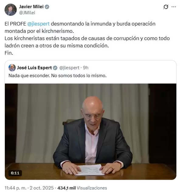 Javier Milei replic la defensa de Espert