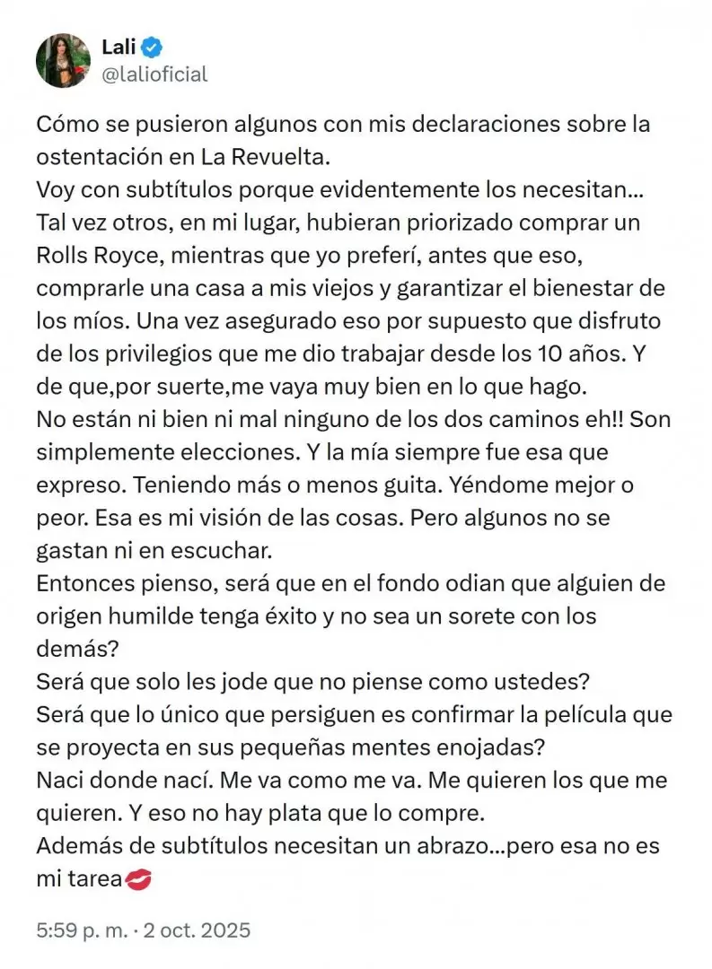 El descargo de Lali en sus redes sociales