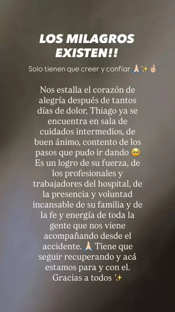 Luego de semanas en terapia intensiva, Thiago Medina fue trasladado a una sala de cuidados intermedios