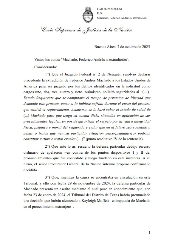 La Corte Suprema de Justicia de la Nacin confirm este martes la extradicin del empresario Federico "Fred" Machado a los Estados Unidos
