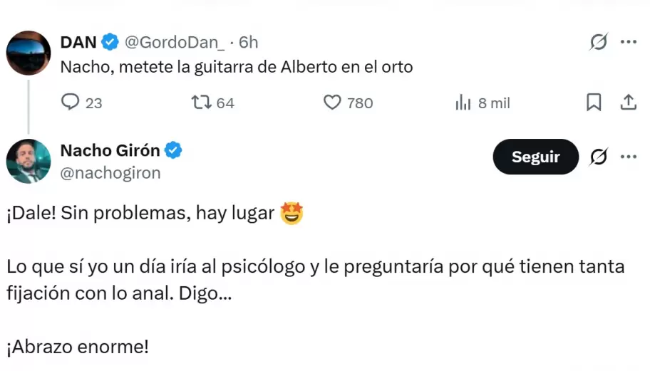La irnica respuesta de Nacho Girn al ataque homofbico del Gordo Dan en X.