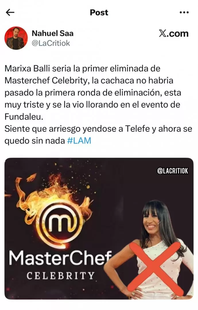 Marixa Balli sera la primera eliminada de Masterchef