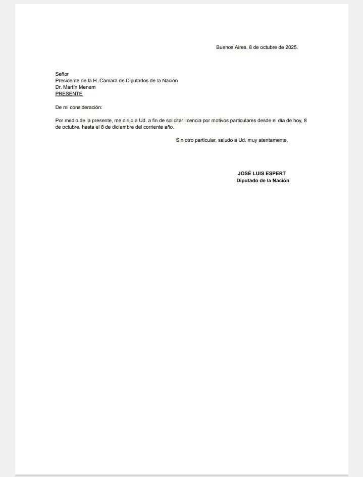 La escueta carta de Espert para pedir licencia