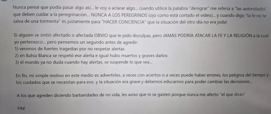 El pedido de disculpas de Matas Bertolotti por sus exabruptos en relacin a la peregrinacin a Lujn en el medio de la alerta meteorolgica.