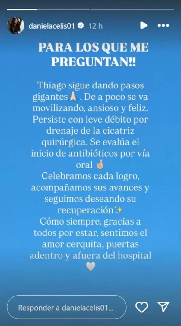 Daniela Celis comparti el ltimo parte mdico de Thiago Medina