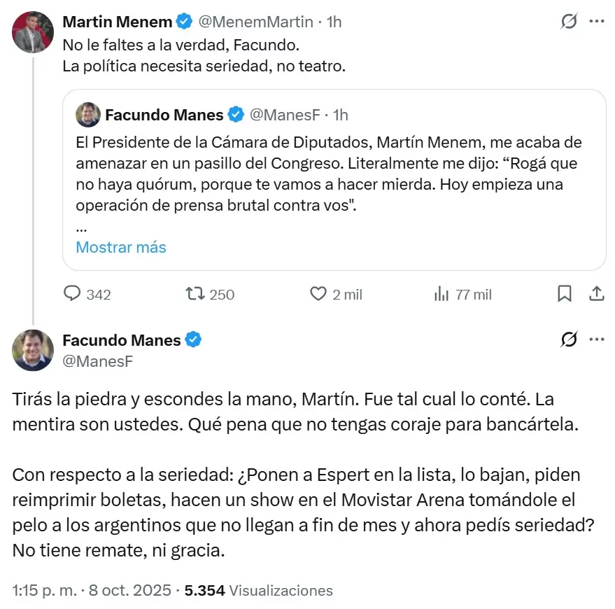 El ida y vuelta entre Facundo Manes y Martn Menem, luego de que negara la amenaza contra el neurlogo.