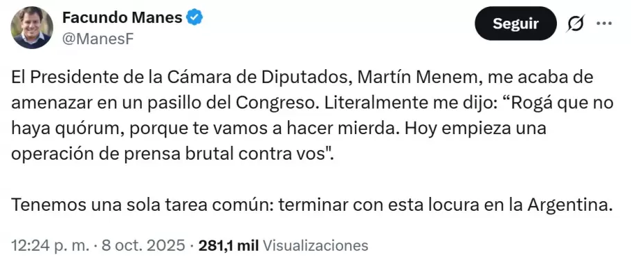 Facundo Manes asegur que Martn Menem lo amenaz en el Congreso Nacional.