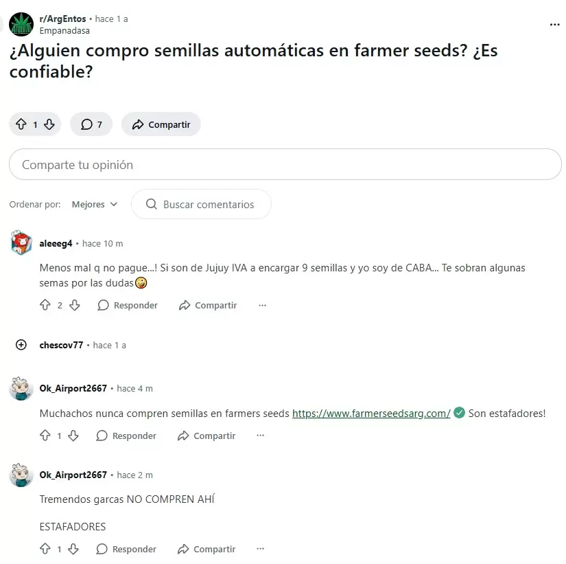 Otra de las denuncias de usuarios de Reddit por las estafas de Farmer Seeds.