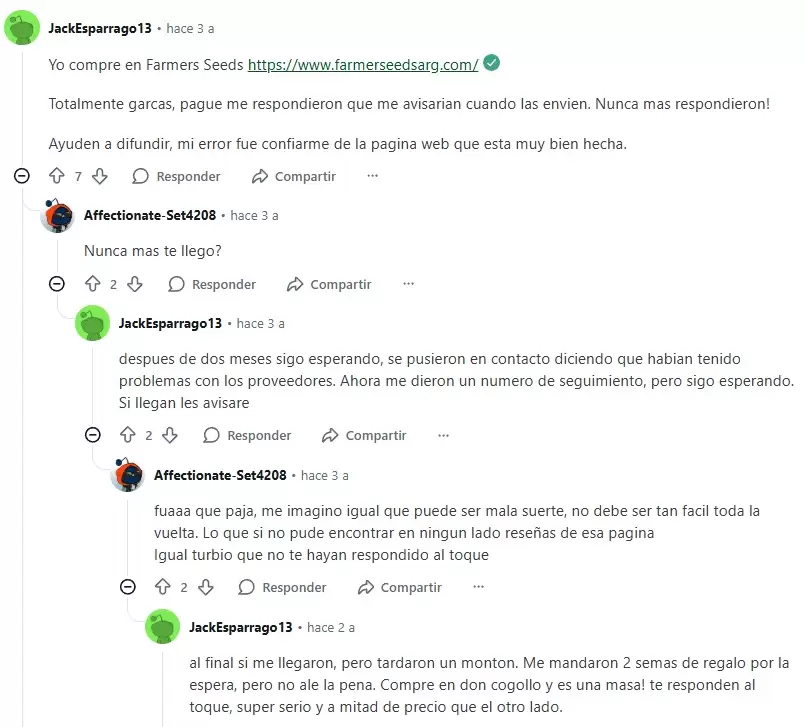 Denuncias de usuarios de Reddit por las estafas de Farmer Seeds.