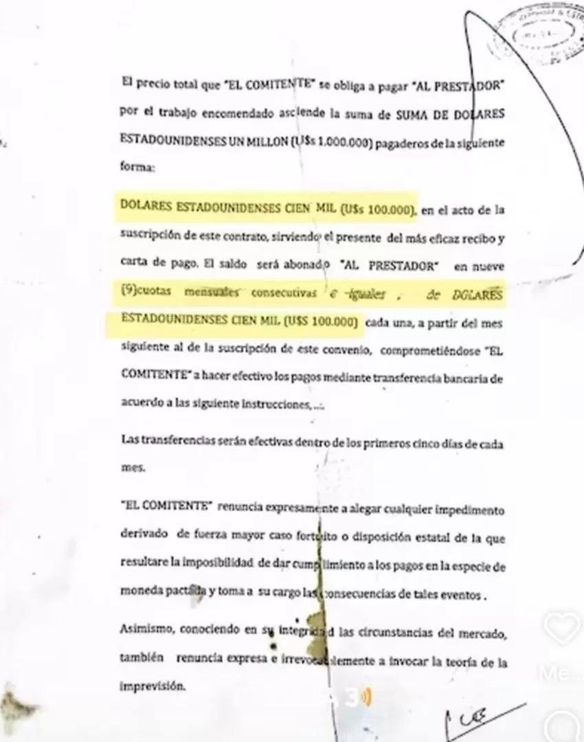 La copia del contrato por un milln de dlares que Jos Luis Espert firm con Fred Machado
