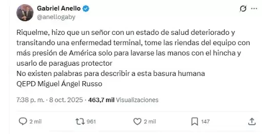 El nefasto posteo de Gabriel Anello tras la muerte de Miguel Ángel Russo