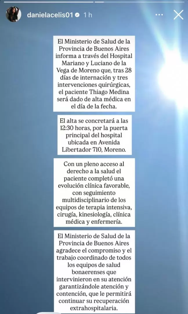 Daniela Celis comparti el ltimo parte mdico de Thiago Medina.