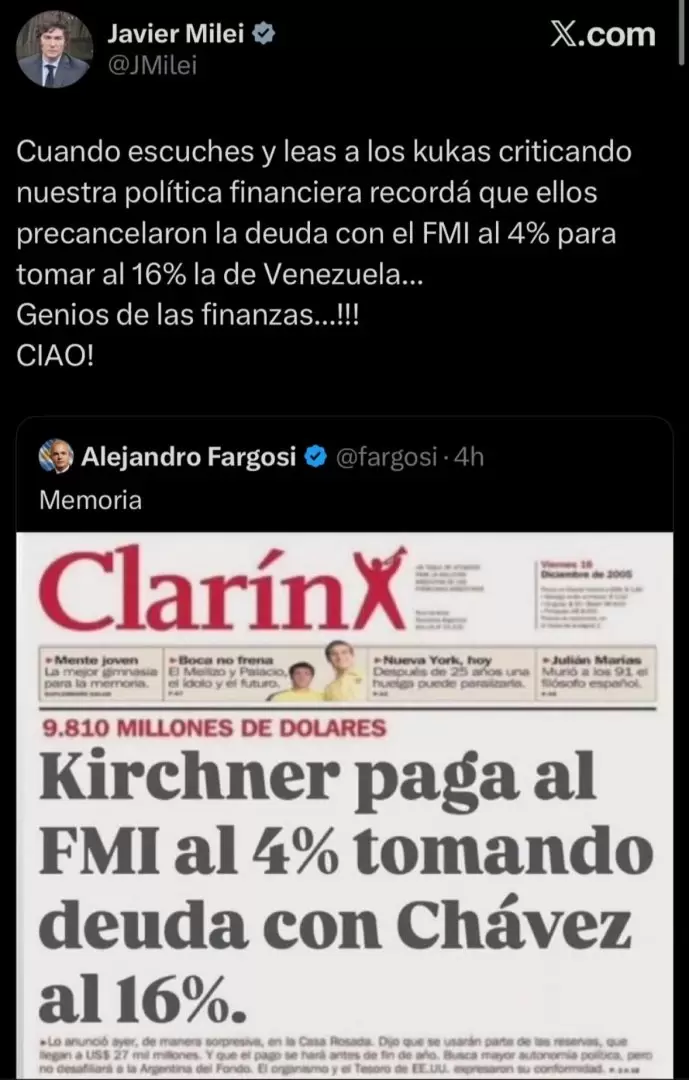 El tuit de Javier Milei en el cual comparte una tapa falsa del diario Clarn sobre el pago de la deuda al Fondo Monetario Internacional (FMI).