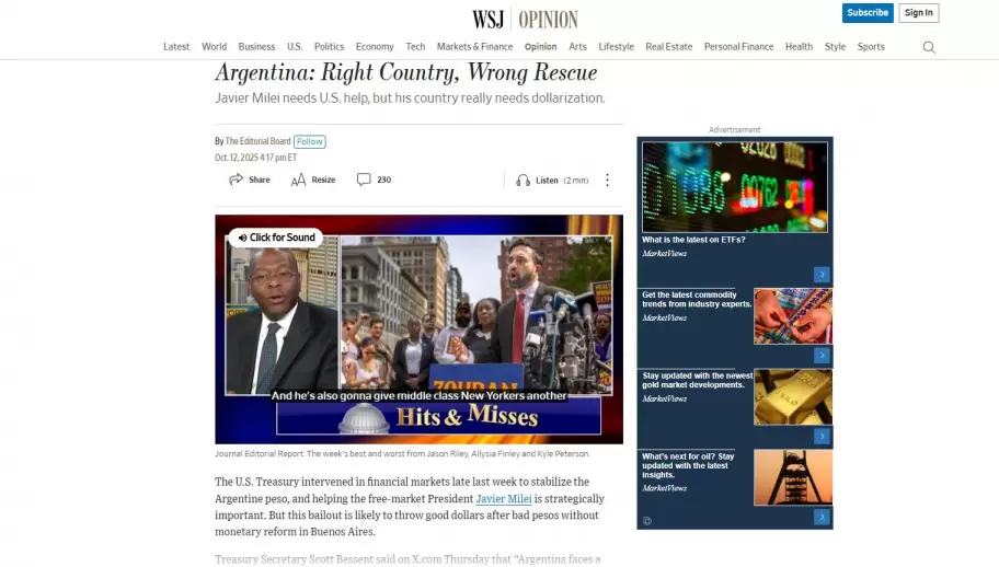 The Wall Street Journal cuestiona el rescate de Argentina