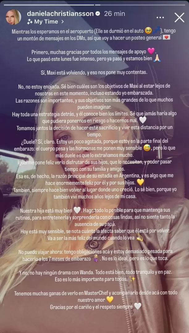 Daniela Christiansson y su descargo en redes sociales tras la vuelta de Maxi López a su hogar en Ginebra, Suiza.