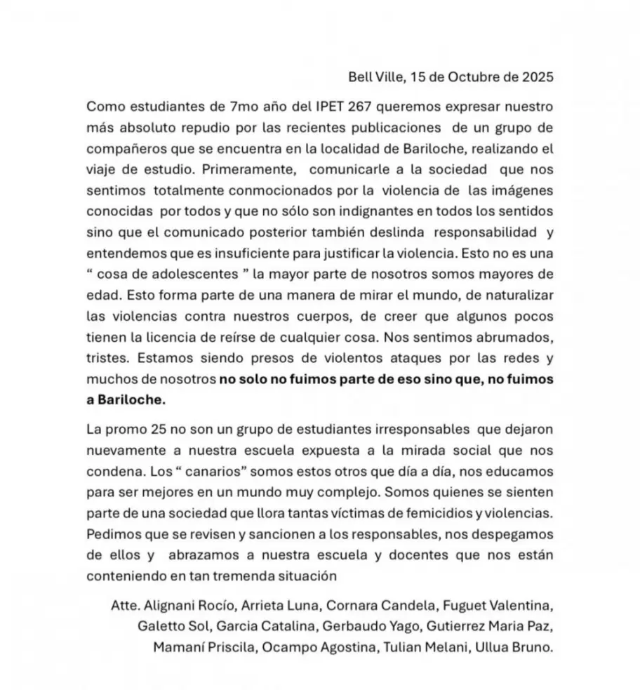 El pedido de disculpas del grupo de alumnos y alumnas que no fue al viaje