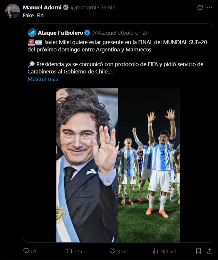 El vocero Manuel Adorni neg que Javier Milei quiera una foto con la Seleccin Sub 20.