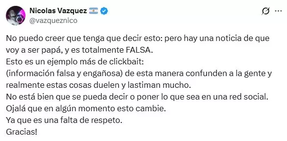 Nicols Vzquez desminti que est por ser pap