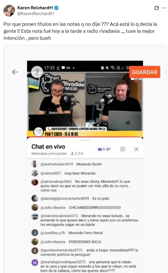 El descargo de Karen Reichardt tras el papelón en Radio Rivadavia, donde describió al peronismo como una "enfermedad mental".
