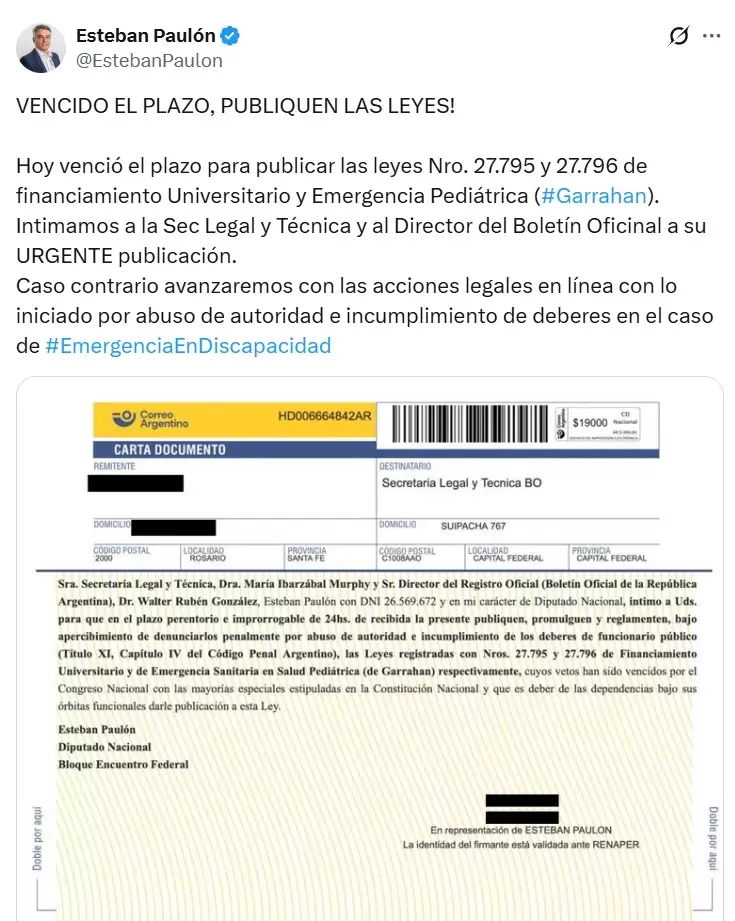 Esteban Pauln intim al Gobierno nacional para que publiquen las leyes de Financiamiento Universitario y Emergencia Peditrica.