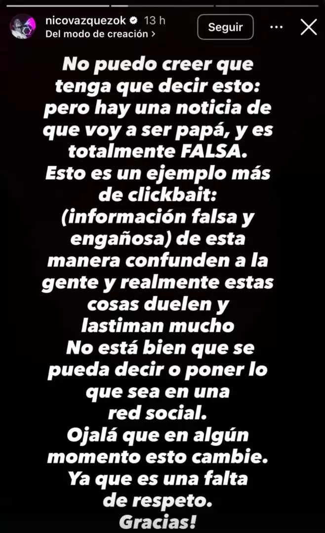 El descargo de Nico Vzquez tras los rumores de embarazo